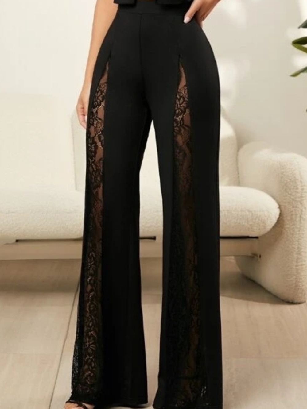 SHEIN Black High-Waist Wide Leg Pants with Lace Front Panels